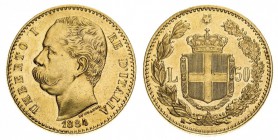 umberto I (1878-1900) 
50 Lire 1884 - Zecca: Roma - Diritto: effigie del Re a sinistra - Rovescio: stemma di Casa Savoia coronato e circondato dal Co...