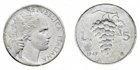 repubblica italiana 
5 Lire Grappolo d’Uva 1947 - Zecca: Roma - Molto rara - Sigillata (Bol. n. REP3) (Gig. n. 325) (Mont. n. 4)