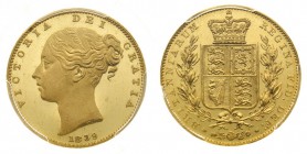Vittoria (1837-1901) Victoria (1837-1901) Shield (1838-1887) 
Proof Sovereign 1839 Medal alignment PGCS PR63 + Cameo - Zecca: Londra - Molto rara - E...