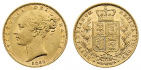 Vittoria (1837-1901) Victoria (1837-1901) Shield (1838-1887) 
Sovereign 1869, die number 53 - Zecca: Londra - Di alta qualità, con tracce dell’origin...