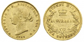 Vittoria (1837-1901) Victoria (1837-1901) Shield (1838-1887) 
Sovereign 1858 - Zecca: Sydney - Non comue - Colpetti sui bordi e graffi sui fondi, ma ...