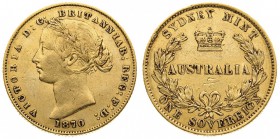 Australia
Victoria (1837-1901) - Sovereign 1870 - Zecca: Sydney - Diritto: effigie giovanile della Regina a sinistra - Rovescio: stemma coronato fra ...