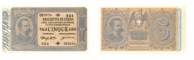 regno d'italia
Biglietto di Stato da 5 Lire - D.M. 17.12.1882 - Non comune - Di qualità molto buona (Bol. n. B1) (Gig. n. BSD10A) (Cra. n. BS17)