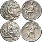 Makedonien - Könige: Alexander III., der Große 336-323 v. Chr.: Lot 2 Stück, AR-Tetradrachme. Kopf mit Löwenhaube nach rechts / Zeus nach links throne...