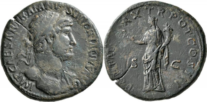 Hadrian (117 - 138): Æ Sesterz (sestertius). Kopf mit Lorbeerkranz nach rechts, ...