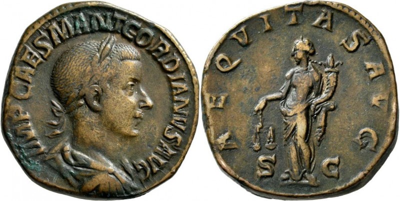 Gordianus III. (238 - 244): Sesterz. Portrait mit Lorbeerkranz nach Rechts, IMP ...