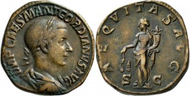 Gordianus III. (238 - 244): Sesterz. Portrait mit Lorbeerkranz nach Rechts, IMP CAES MANT GORDIANVS AVG / Aequitas mit Waage und Füllhorn stehend, AEQ...