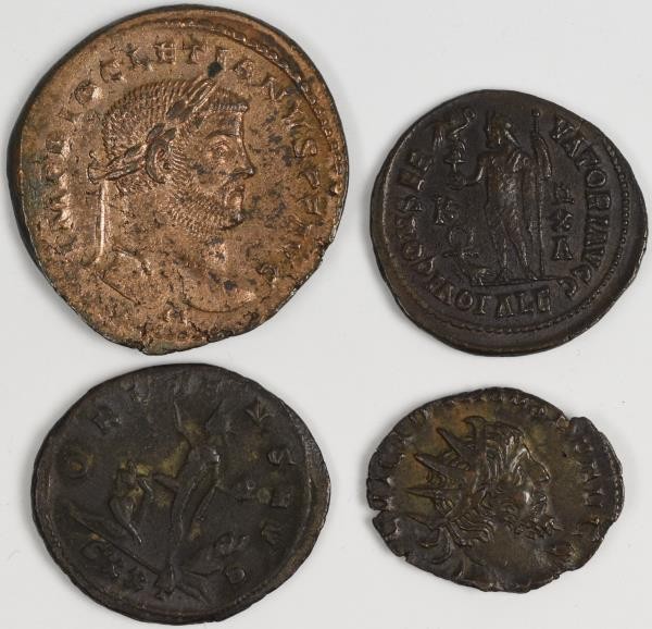 Römische Kaiserzeit: Lot 4 Münzen, dabei Follis von Diocletianus (284-305) aus T...