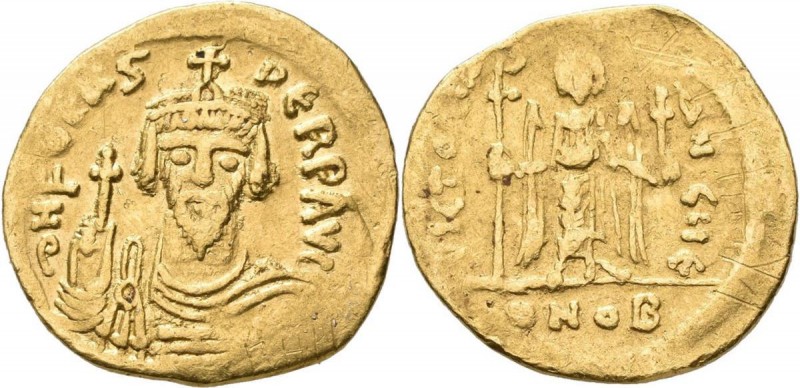 Phocas (602 - 610): Solidus (Gold) ca. 606, Constantinopel. Brustbild mit Spitzb...