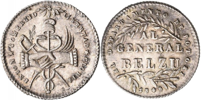 Bolivien: Medaille 1849 zu 1 Sol: Handschlag vor Merkurstab, Degen, Palmzweig un...