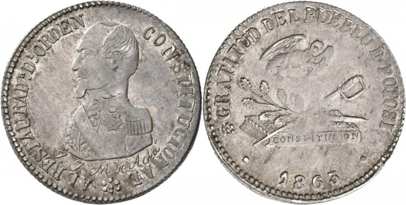 Bolivien: Medaille 1863 zu 2 Soles: Büste von Präsident Achá nach links AL RESTA...