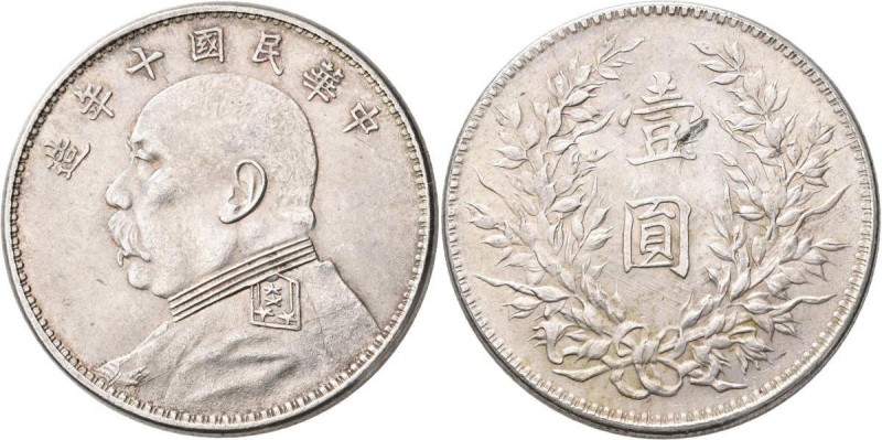 China: 1 Dollar (Yuan) Präsident Yuan Shih-kai, Year 10 (1921), KM# Y 329. 26,8 ...