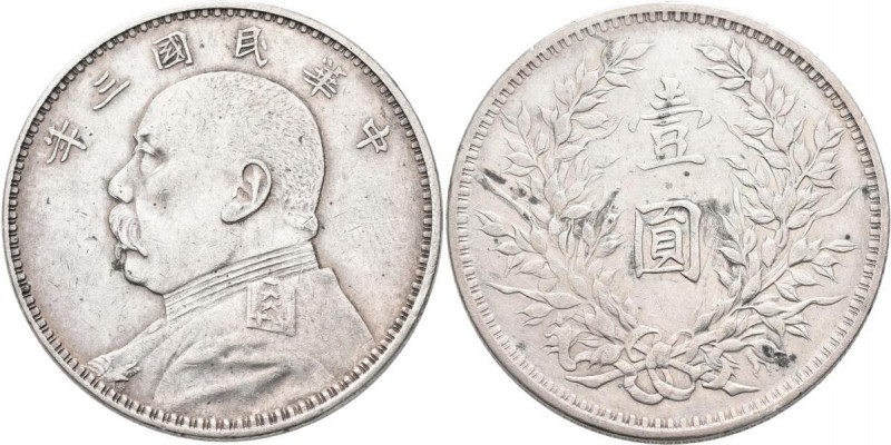 China: 1 Dollar (Yuan) Präsident Yüan Shih-kai, Year 3 (1914), KM# Y 329. 26,8 g...