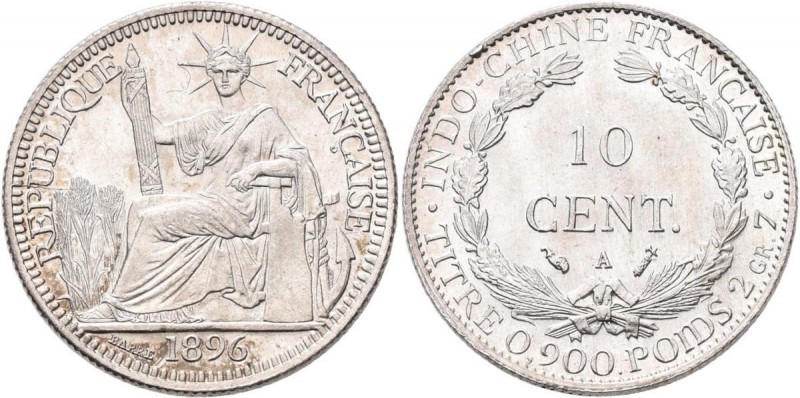 Franz. Indochina: 10 Cent. 1896 , Münzzeichen Fasces, KM# 2a. Stempelglanz.
 [d...