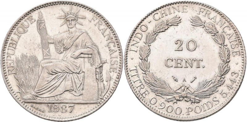 Franz. Indochina: 20 Cent. 1887, KM# 3. Seltener Jahrgang, Auflage nur 250.000 S...