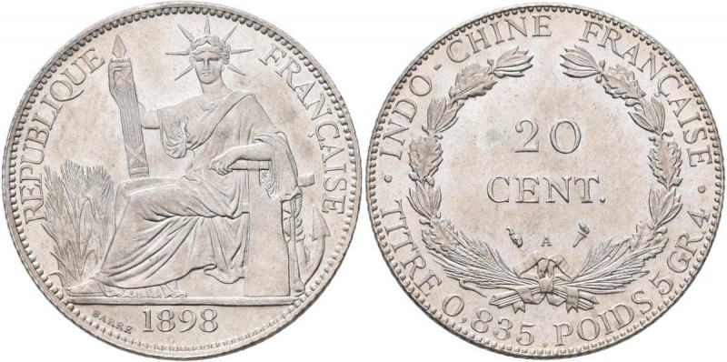 Franz. Indochina: 20 Cent. 1898, KM# 10. Seltener Jahrgang, Auflage nur 250.000 ...
