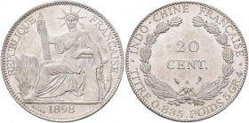 Franz. Indochina: 20 Cent. 1898, KM# 10. Seltener Jahrgang, Auflage nur 250.000 Stück, kleine Kratzer, vorzüglich.
 [differenzbesteuert]