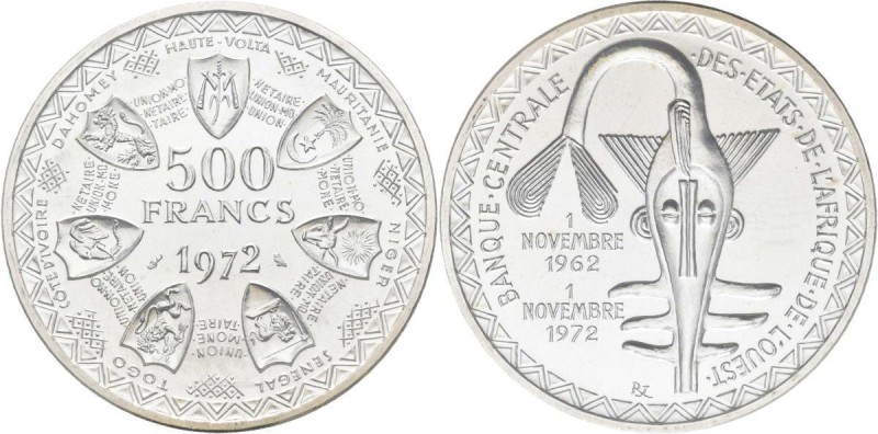Franz. Westafrika: 500 Rupees 1972, 10 Jahre Währungsunion, KM# 7. In Original E...