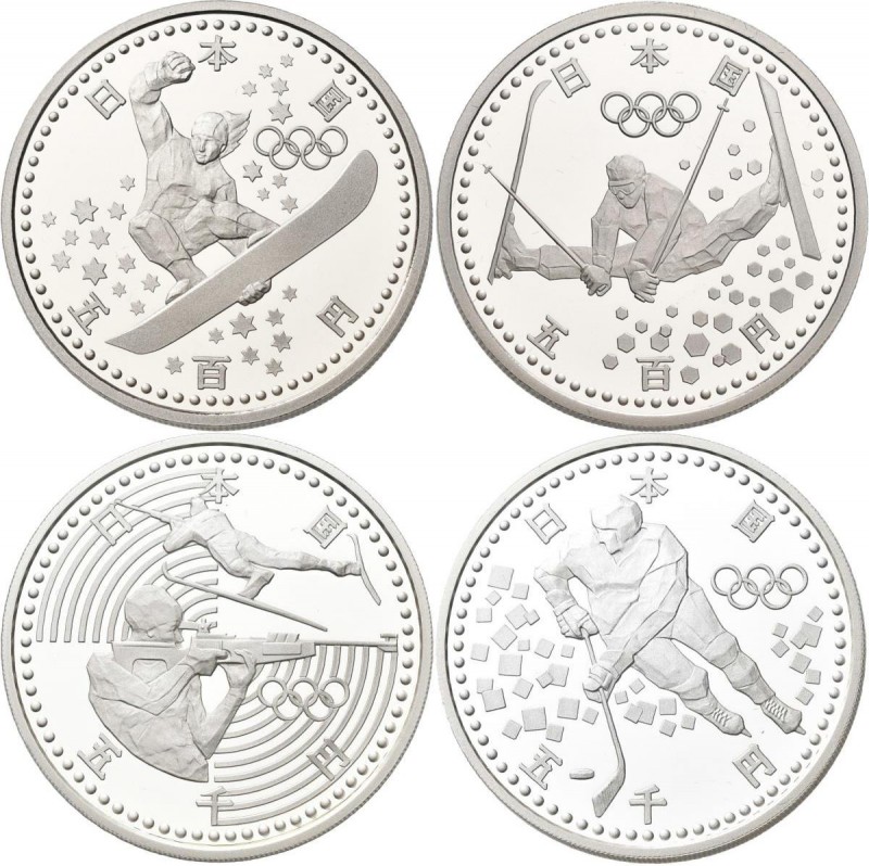 Japan: Olympische Winterspiele Nagano 1998: Set 3 x 500 Yen CN Münzen plus 3 x 5...