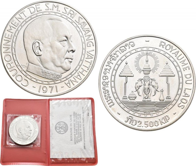 Laos: 2500 Kip 1971, Krönung König Savang Vatthanas. KM# 8, in original Etui mit...