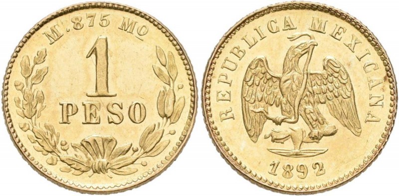 Mexiko: 1 Peso 1892 Mo M. KM# 410.5. 1,69 g, 875/1000 Gold. Vorzüglich.
 [zzgl....