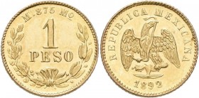 Mexiko: 1 Peso 1892 Mo M. KM# 410.5. 1,69 g, 875/1000 Gold. Vorzüglich.
 [zzgl. 7 % Importspesen]