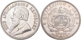 Südafrika: 5 Shillings 1892, Paul Krüger. KM# 8.2 (Wagen mit doppelter Deichsel, geprägt in Berlin). Kleine Randfehler und Kratzer, sehr schön.
 [dif...