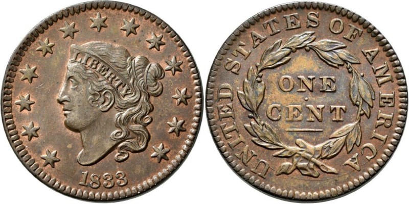 Vereinigte Staaten von Amerika: 1833 Large Cent N-5 Brown Red Unc Purchased M&G ...