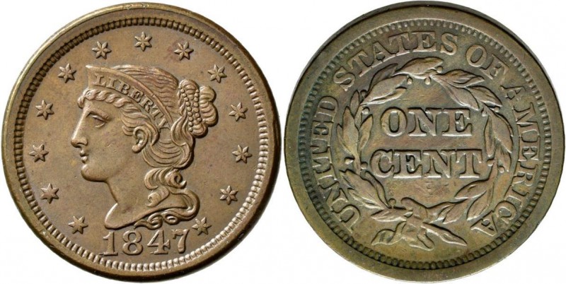 Vereinigte Staaten von Amerika: 1847 N1 Large Cent Choice medium brown large cen...