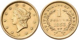 Vereinigte Staaten von Amerika: 1 Dollar 1853 Liberty Head, KM# 73, Friedberg 84. 1,67 g, 900/1000 Gold. Kratzer, sehr schön.
 [zzgl. 0 % MwSt.]