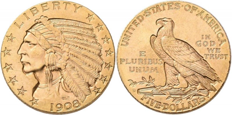 Vereinigte Staaten von Amerika: 5 Dollars 1908 D (Half Eagle - Indian Head), KM#...