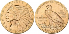 Vereinigte Staaten von Amerika: 5 Dollars 1908 D (Half Eagle - Indian Head), KM# 129, Friedberg 151. 8,36 g, 900/1000 Gold. Feine Kratzer, sehr schön ...