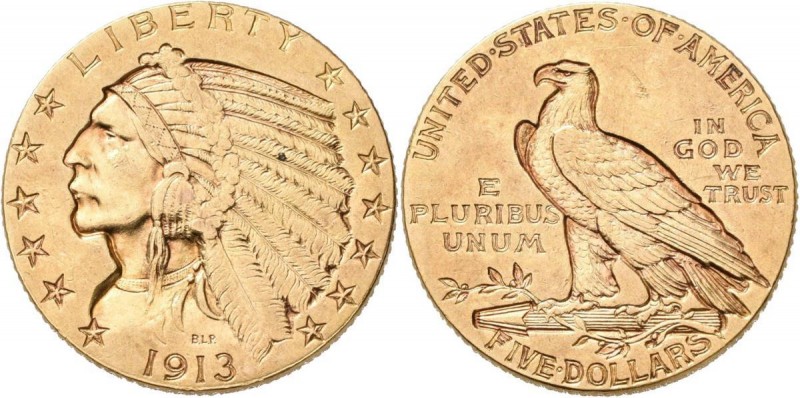 Vereinigte Staaten von Amerika: 5 Dollars 1913 (Half Eagle - Indian Head), KM# 1...