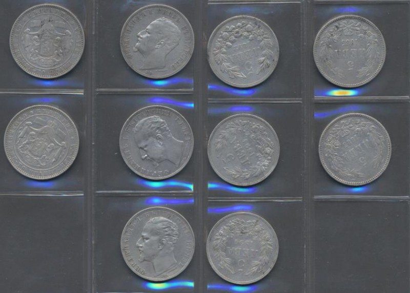 Bulgarien: Lot 5 Münzen zu 5 Leva: 1885 (2), 1892 und 1894 (2). KM# 7 und 15, üb...