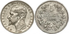 Bulgarien: Ferdinand I. 1887-1918: 5 Leva 1894 in 900er Silber, KM# 18, in sehr schöner Erhaltung.
 [differenzbesteuert]