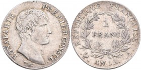 Frankreich: 1. Republik - Konsulat 1799-1804, Napoleon I. als Konsul: 1 Franc AN 12 A Paris (1803-1804). KM# 649.1, Gadoury 442. Randfehler, sehr schö...