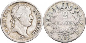 Frankreich: Napoleon I. 1804-1814: 2 Francs 1813 D, Lyon, KM# 693.5, Gadoury 501. Kratzer, sehr schön.
 [differenzbesteuert]