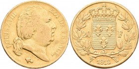 Frankreich: Louis XVIII. 1814-1824: 20 Francs 1818 W, KM# 712.9, Friedberg 539. 6,37 g, 900/1000 Gold, schön - sehr schön.
 [zzgl. 0 % MwSt.]