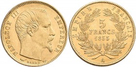 Frankreich: Napoleon III. 1852-1870: 5 Francs 1855 A, KM# 783, Friedberg 578. 1,60 g, 900/1000 Gold. Vorzüglich.
 [zzgl. 0 % MwSt.]