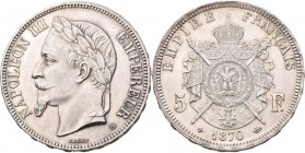 Frankreich: Napoleon III. 1852-1870: 5 Francs 1870 BB, Straßburg. KM# 799.2, Gadoury 739. Vorzüglich
 [differenzbesteuert]