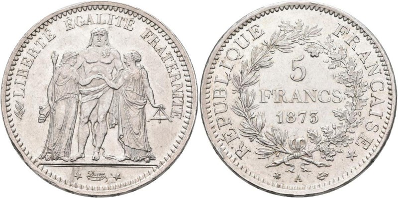 Frankreich: 3. Republik 1870-1940: 5 Francs 1873 A, KM# 820.1, Gadoury 745, Krat...