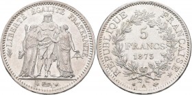Frankreich: 3. Republik 1870-1940: 5 Francs 1873 A, KM# 820.1, Gadoury 745, Kratzer, sonst vorzüglich.
 [differenzbesteuert]