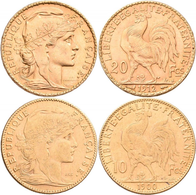 Frankreich: 3. Republik 1870-1940: Lot 2 Goldmünzen: 20 Francs 1912 (Hahn / Mari...