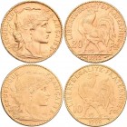 Frankreich: 3. Republik 1870-1940: Lot 2 Goldmünzen: 20 Francs 1912 (Hahn / Marianne), KM# 857, Friedberg 596a. 6,58 g, 900/1000 Gold. Vorzüglich. Daz...