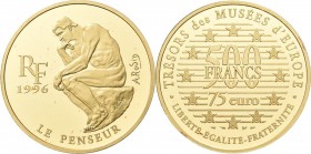 Frankreich: Fünfte Republik seit 1959: 500 Francs / 75 Euro 1996. Der Denker von Auguste Rodin. KM# 1128, Friedberg 700a. 1 OZ (31,104 g) 999/1000 Gol...