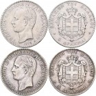 Griechenland: Georg I. 1863-1913: Lot 2 Münzen zu 5 Drachmen 1875 in 900er Silber, KM# 46, beide mit Kratzer, Randschaden, sehr schön.
 [differenzbes...