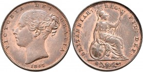 Großbritannien: Victoria 1837-1901: Farthing 1847, KM# 725, mit wunderschöner Patina Tönung, stempelglanz.
 [differenzbesteuert]