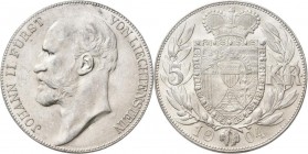 Liechtenstein: Johann II. 1858-1929: 5 Kronen 1904, HMZ 2-1376c, vorzüglich - stempelglanz.
 [differenzbesteuert]
