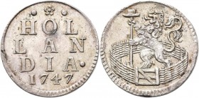 Niederlande: Provinz Holland 1581-1795: Duit 1747. HOL LAN DIA 1747. 3,20 g Silber. KM# 80a. Sehr schön - vorzüglich.
 [differenzbesteuert]