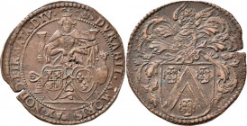 Niederlande: Cu-Rechenpfennig/Familienjeton o. J. auf Peter Ferdinand Roose, Baron v. Bouchant, Staatsrat von Brabant. Behelmtes Wappen / Weibliche Ge...